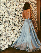 Open Back A-line V neck Long Prom Dress, Evening Dresses